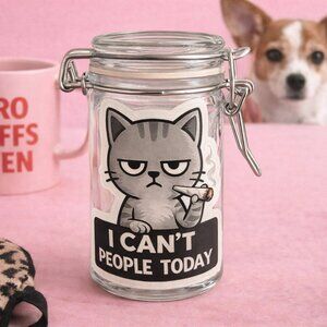 Funny Cat Glass Jar “I Can’t People Today” Airtight Stash Jar